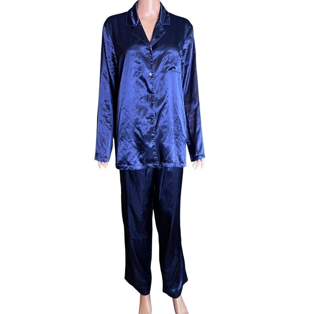 Valerie Stevens Satin Pajama Set Navy Blue L VTG Silky Quiet Luxury Sleepwear
